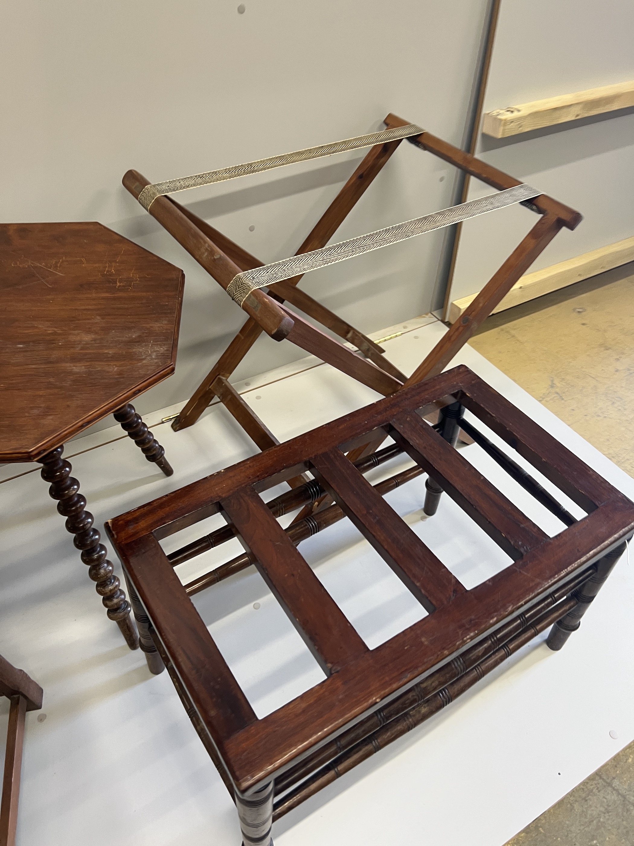 A late Victorian mahogany luggage rack, an octagonal occasional table, a circular oak table, butler's tray stand and an elbow chair